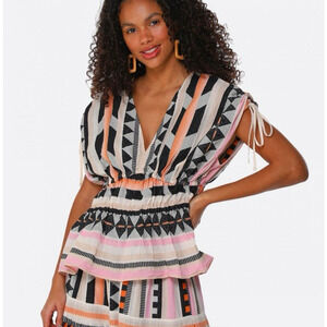 Devotion Twins Astakida Cotton Blouse Small Geo Print Peplum Hem Made in Greece